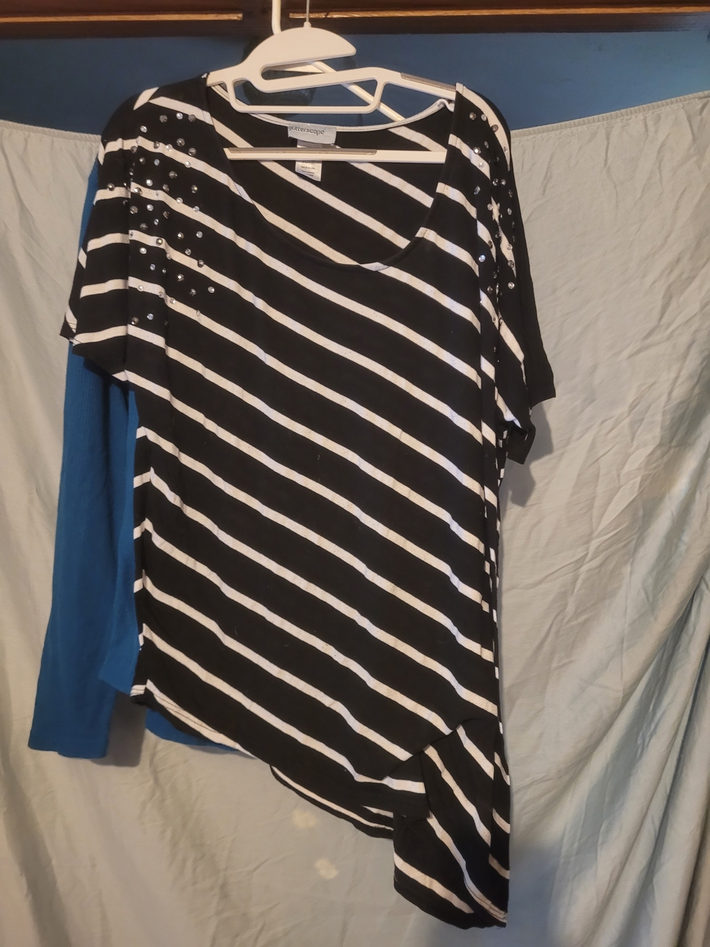 Glitterscape Black and White Diagonal Stripe Short Sleeve Top with Stud Accents